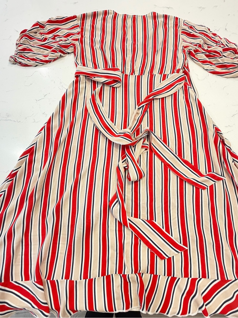Umgee Red and Cream Striped Wrap Midi Dress with Puff Sleeves - Picture 4 of 10